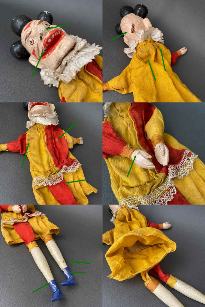 Old Puppet C Reddy Antique JOEY the CLOWN Hand Puppet ~ Late 1800s Punch and Judy Rare ...