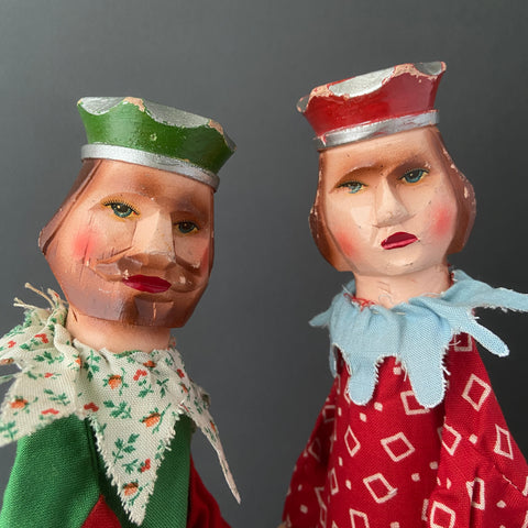 KING and QUEEN Toy Hand Puppets ~ Early 1900s Punch and Judy